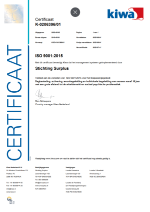 ISO 9001 certificaat Stichting Surplus verlengd